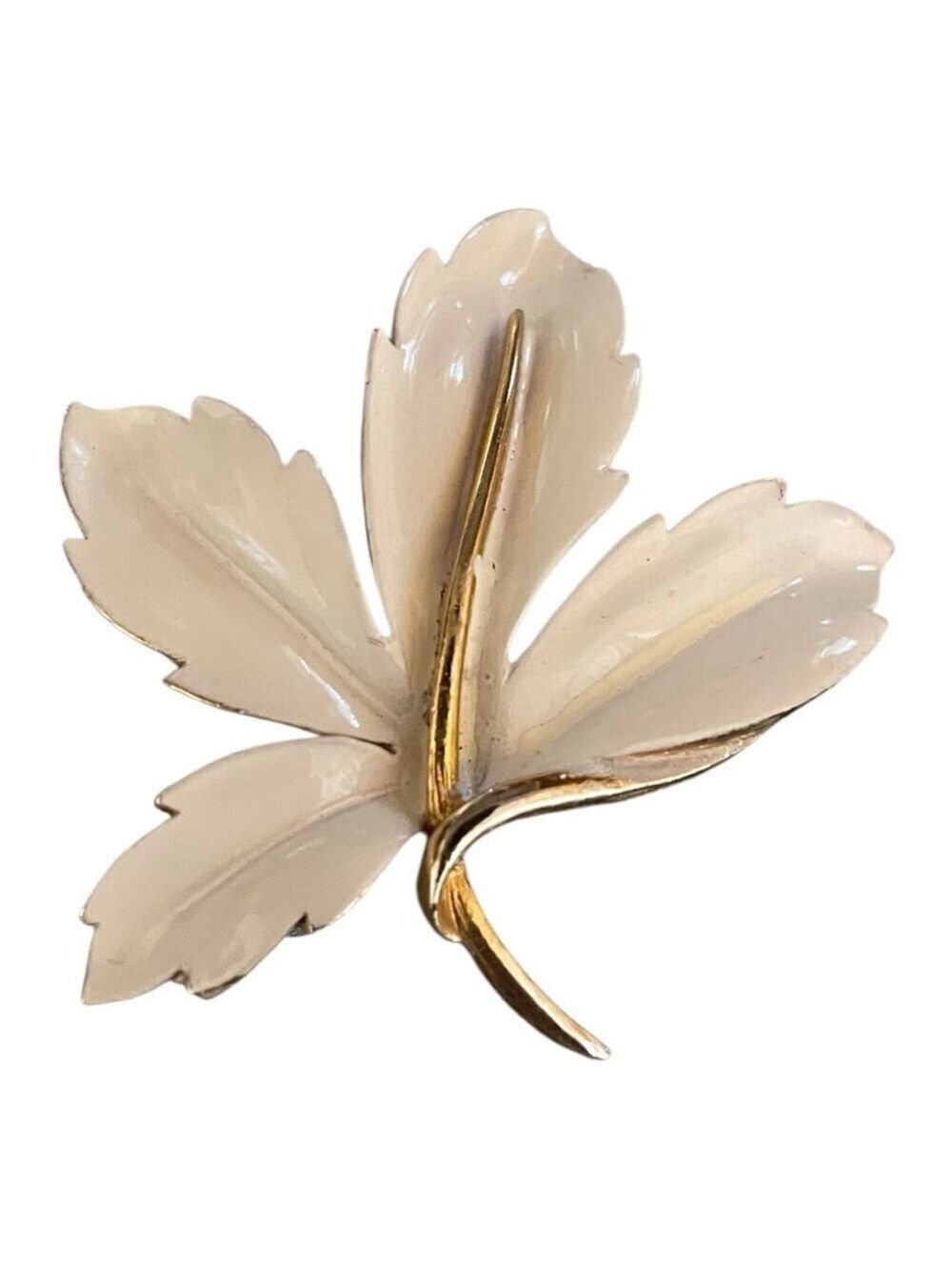 Vintage Trifari White Enamel Maple Three-Leaf Gold Tone Brooch Unmarked.